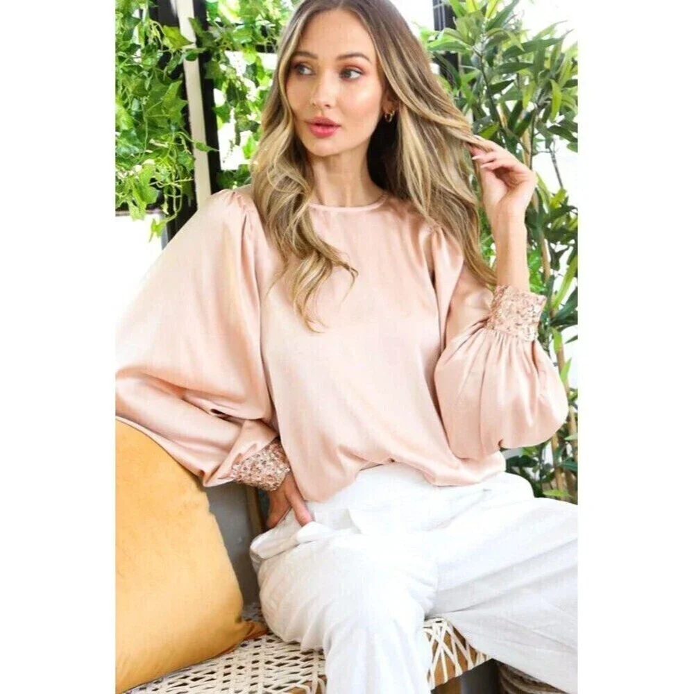 Sequin Cuff Detail Satin Blouse Top - Picture 3 of 5